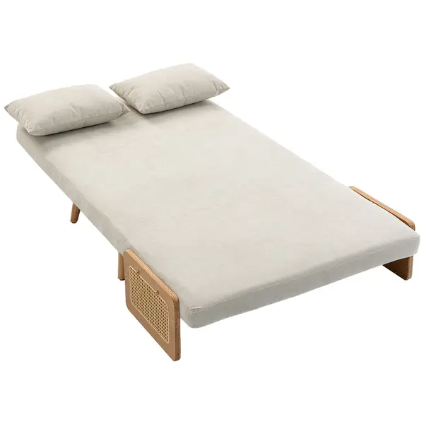 HOMCOM Canapea convertibilă 2 locuri, canapea-pat 3 în 1 Chenille 103cm, spătar reglabil, 2 perne, cotiere din lemn, crem | Aosom Romania