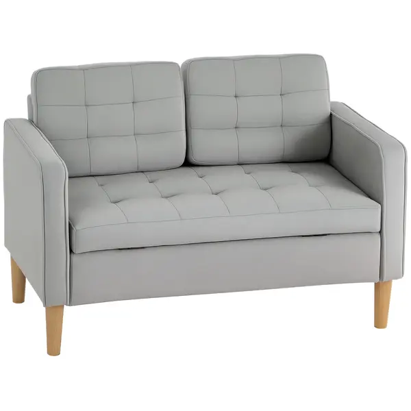 HOMCOM Canapea cu Două Locuri cu Spațiu de Depozitare, Butoniera, Perne, Lemn de Cauțiuc, 117x62x78 cm, Gri Deschis | Aosom Romania