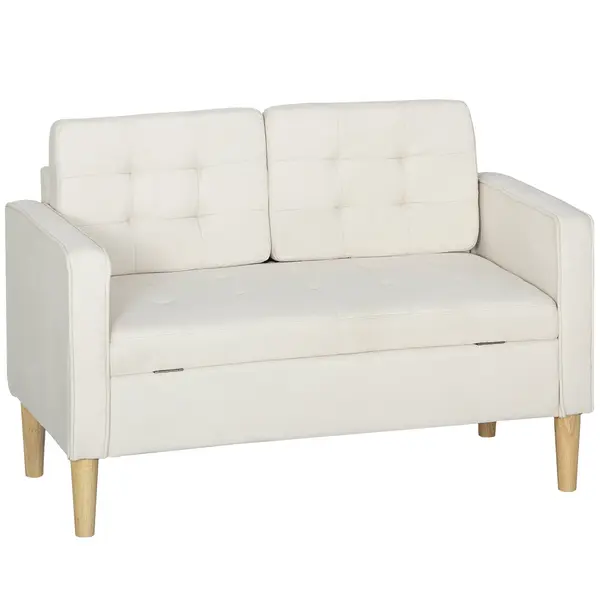 HOMCOM Canapea cu două locuri cu spațiu de depozitare, capitonare cu nasturi, perne, lemn de cauciuc, 117x62x78cm, alb crem | Aosom Romania