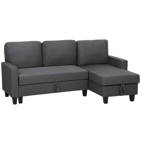 HOMCOM Canapea Extensibilă cu 3 Locuri cu Șezlong și Spațiu de Depozitare, 197x129x85 cm, Gri Închis | Aosom Romania