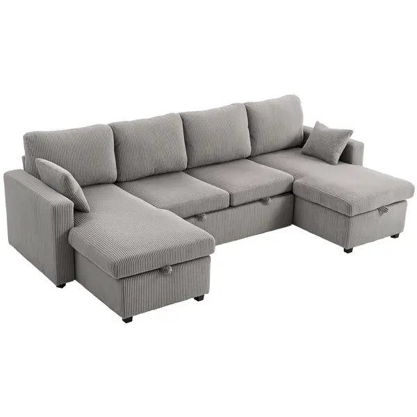 HOMCOM Canapea Extensibilă Modernă în Formă de U și Spații de Depozitare, Catifea Reiată, 282x140x86 cm, Gri | Aosom Romania