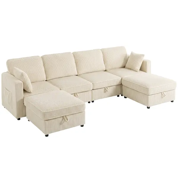 HOMCOM Canapea Modulară în U cu 4 Locuri, 2 Pufuri cu Depozitare, Catifea Reiată, 306x153x85 cm, Crem | Aosom Romania