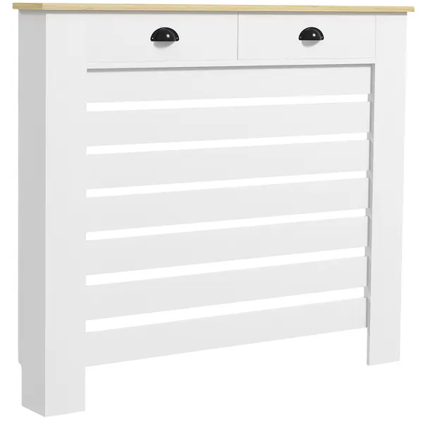 HOMCOM Capac pentru radiator mască radiator grilaj cu lamele orizontale cu 2 sertare din lemn 111l x 19P x 95,5H cm alb | Aosom Romania