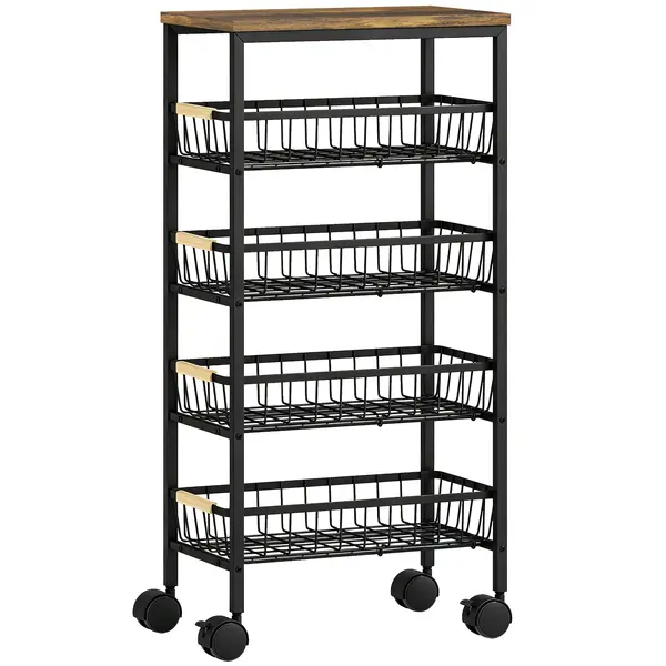 HOMCOM Carrito Auxiliar con Ruedas 4 Cestas Extraíbles Carga 15 kg Marco Metálico para Comedor 40x24x81,5 cm Marrón Rústico | Aosom Romania