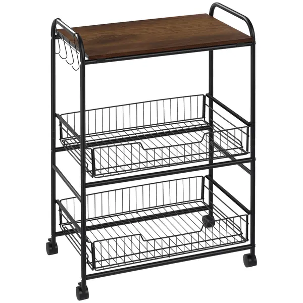 HOMCOM Cărucior Auxiliar cu Roți de 3 Nivele Cărucior de Bucătărie cu 2 Coșuri și 4 Cârlige 60x38x85,5 cm Maro Rustic | Aosom Romania
