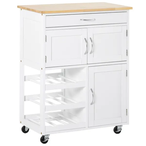 HOMCOM Cărucior Bucătărie cu Suport Sticle, Lemn de Cauciuc și MDF, 67x37x87cm, Design Elegant, Alb | Aosom Romania
