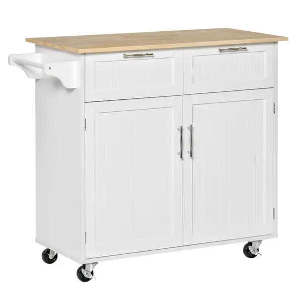 HOMCOM Cărucior Bucătărie Multifuncțional cu 2 Sertare, Dulap și 4 Roți, Spațiu Depozitare Generos, 104x46x91cm, Alb | Aosom Romania