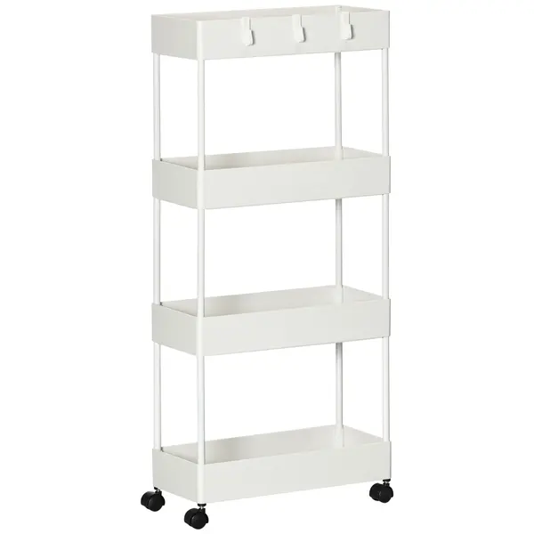 HOMCOM Cărucior Bucătărie Multifuncțional cu 4 Polițe și 3 Cârlige, Oțel și Plastic, 40x19x90 cm, Alb | Aosom Romania