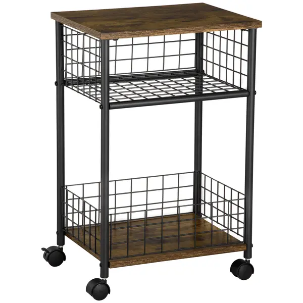 HOMCOM Cărucior cu role, cărucior de servire, 2 compartimente deschise, plan de lucru și role, 40 x 30 x 62 cm, marron | Aosom Romania