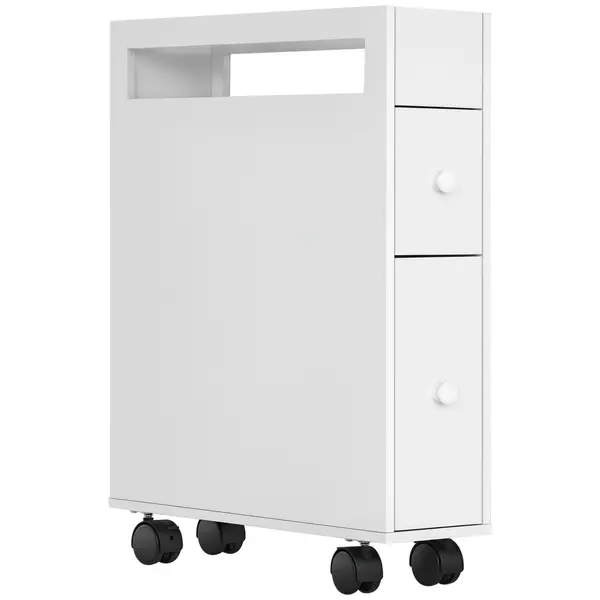 HOMCOM Carucior Cu Rotile pentru Spatiu Ingust Dulap de Baie, Design Compact, doua Sertare, patru Roti, alb, 16 x 49,5 x 66 cm | Aosom Romania