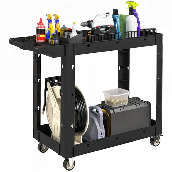HOMCOM Cărucior de atelier servetă atelier cu 2 nivele cu mâner lateral pentru garaj, depozit, unelte de bricolaj, negru | Aosom Romania