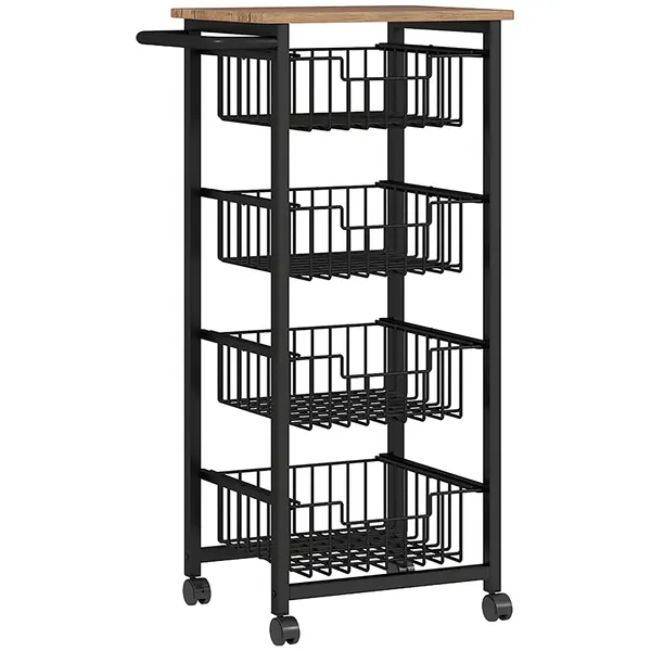 HOMCOM Cărucior de Bucătărie cu 4 Coșuri Detașabile, Roți și Frâne, Oțel și Lemn, 49.5x31x91 cm, Stejar | Aosom Romania