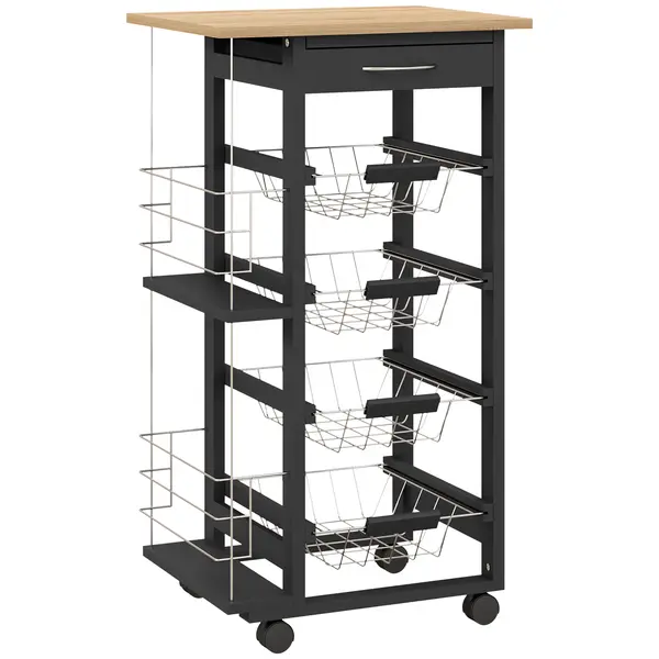HOMCOM Carucior de Bucătărie cu Roți Carucior Multiusos cu Sertar 4 Coșuri Detașabile de Metal și Rafturi 47x37x83 cm Negru | Aosom Romania