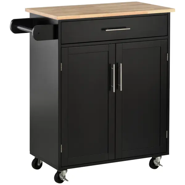 HOMCOM Cărucior de Bucătărie cu Sertar și Dulap cu 2 Uși, Insulă de Bucătărie cu roți și bară laterală, 83x45x91.5 cm, Negru | Aosom Romania
