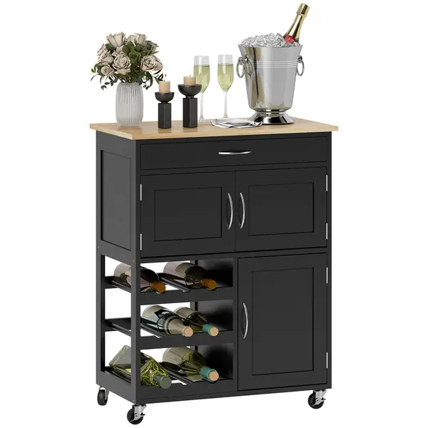 HOMCOM Cărucior de Bucătărie cu Suport pentru Sticle, 3 Uși, 4 Roți și Sertar, Dulapior de Bucătărie, 67x37x87 cm, Negru | Aosom Romania