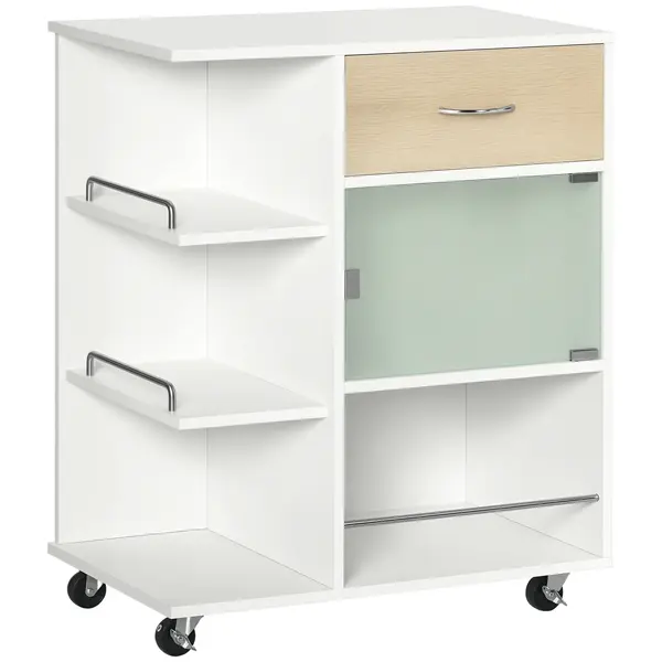 HOMCOM Carucior de bucătărie insulă centrală de bucătărie cu roți pivotante 360° rafturi cu bariere 65 x 39 x 80 cm alb | Aosom Romania