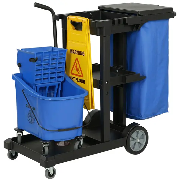 HOMCOM Cărucior de curățenie, cărucior mobil cu 3 rafturi, sac de gunoi 70 L, găleată cu stoarcere pentru mop, Albastru | Aosom Romania