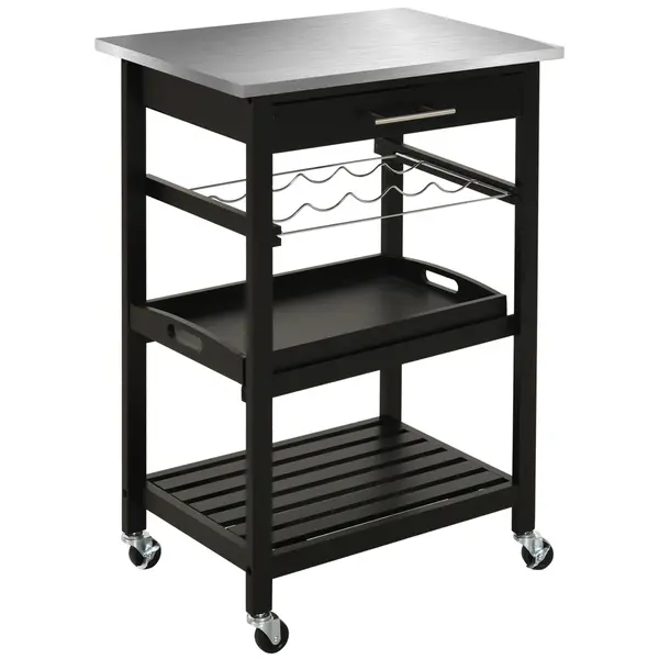 HOMCOM Carucior de Servire, carucior pentru bucatarie cu raft pentru sticle, 60L x 40l x 85h cm, blat din inox, negru | Aosom Romania