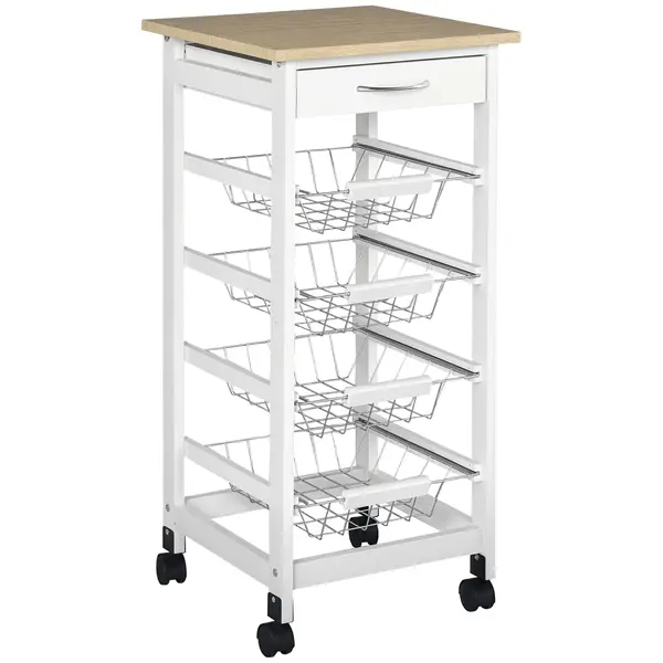 HOMCOM Cărucior de servire măsuță cu roți multi-rangements 4 coșuri metal + sertar lemn de pin 37 x 37 x 82 cm alb | Aosom Romania