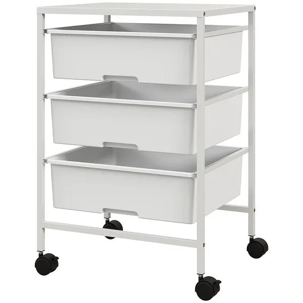 HOMCOM Cărucior Multifuncțional cu 3 Coșuri și Roți, Cărucior pentru Bucătărie și Birou din Oțel și Plastic, 40.8x33.5x60.5 cm, Alb | Aosom Romania