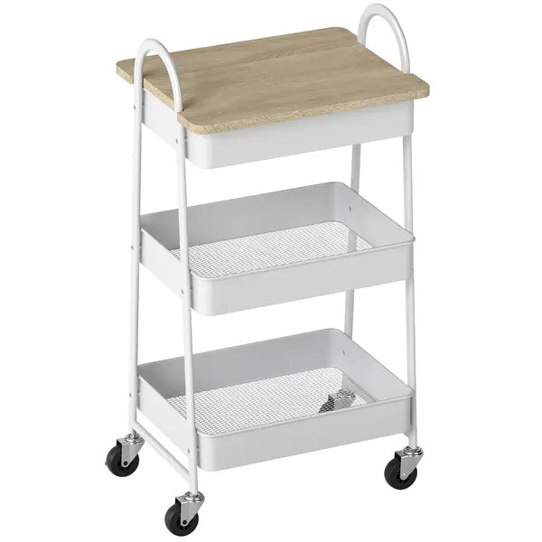 HOMCOM Cărucior pentru bucătărie, cărucior de servire cu 3 nivele, blat superior, coșuri, mânere, 45 x 32 x 77,5 cm stejar | Aosom Romania