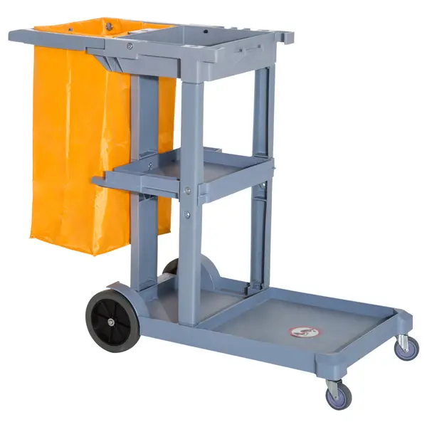 HOMCOM Cărucior pentru Curățenie cu 3 Rafturi, Cârlige pentru Mături, 4 Roți și Sac de 100L,121x50,5x96,5 cm, Portocaliu | Aosom Romania