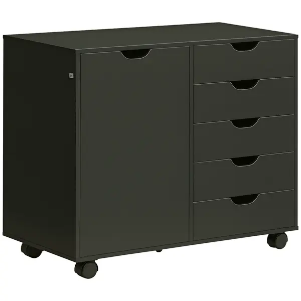HOMCOM Cazior de birou cu 5 sertare 1 ușă raft reglabil, suport imprimantă pe role, 78x40x66,5 cm, negru | Aosom Romania