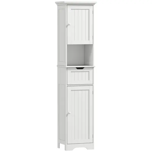 HOMCOM Coloană de Baie cu Iluminare LED, Dulap Îngust de Depozitare, Sertar și 2 Uși, 40x30x170 cm, Alb | Aosom Romania