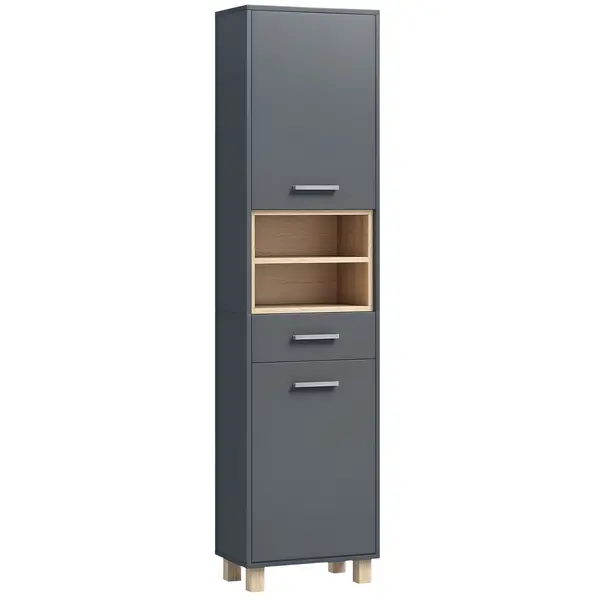 HOMCOM Coloană de Baie cu Sertar, Dulapuri și 2 Rafturi Deschise, Mobilier cu Spațiu de Depozitare, 40x24x160 cm, Gri | Aosom Romania