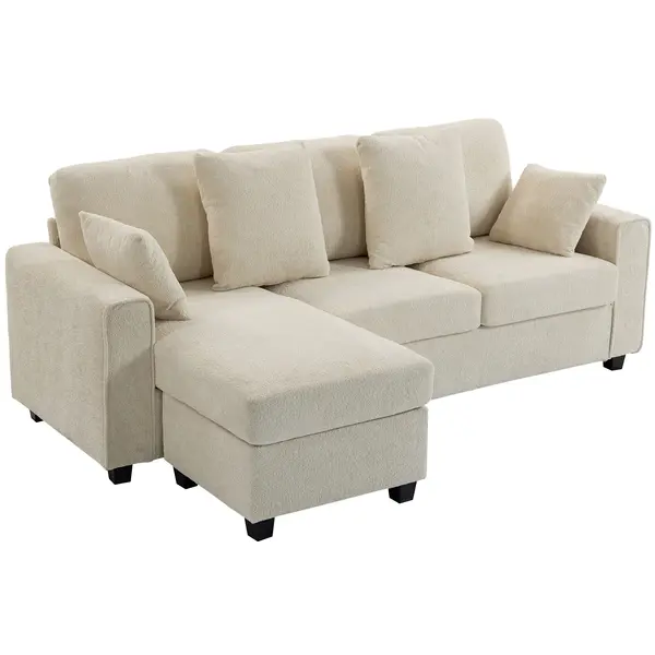 HOMCOM Colțar cu chaiselongue reversibilă, canapea 3 locuri cu aspect de catifea, șezut lat și adânc, perne cu arc, Bej | Aosom Romania
