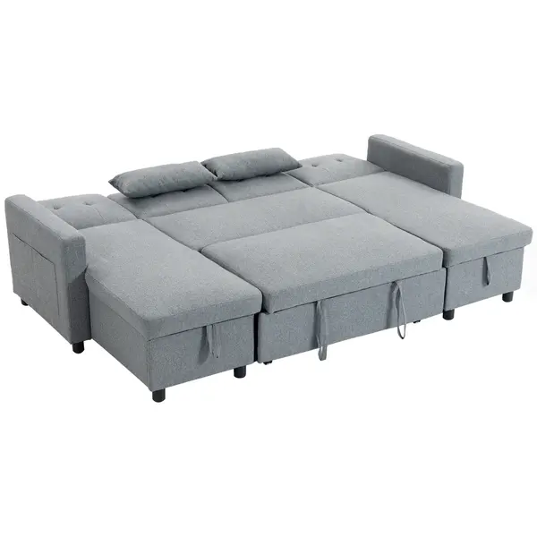 HOMCOM Colțar cu funcție de dormit și spațiu de depozitare, formă U, canapea 4 locuri cu chaiselongue, spătar reglabil, aspect de in | Aosom Romania