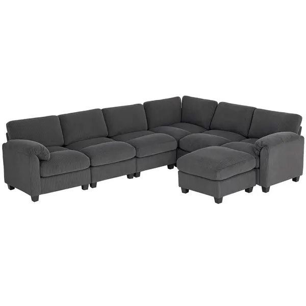 HOMCOM Colțar formă U canapea cu arcuri în buzunar, cotiere capitonate, otoman mobil, corduroy 292x224x85 cm Gri închis | Aosom Romania
