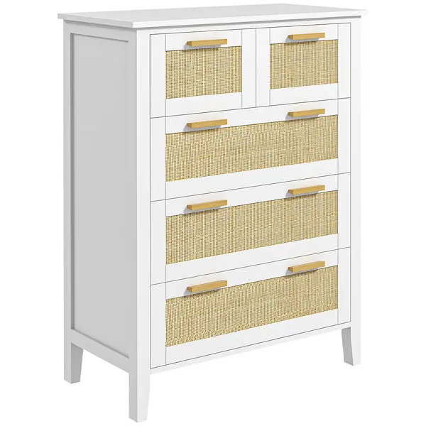 HOMCOM Comodă 5 sertare mânere de lemn masiv șine de metal pentru birou salon dormitor 77 x 37 x 104 cm alb | Aosom Romania
