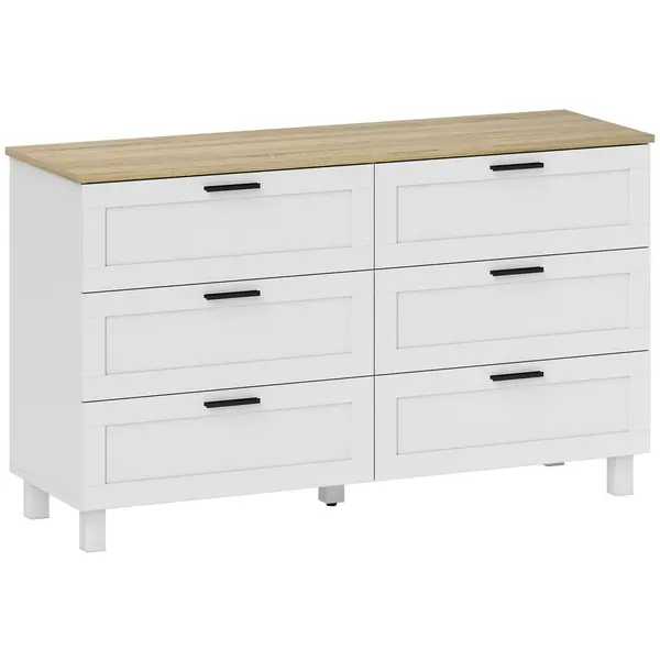 HOMCOM Comodă 6 sertare, corp de depozitare cu picioare din lemn de pin, stil modern, 120 x 38 x 71 cm, lemn natural și alb | Aosom Romania
