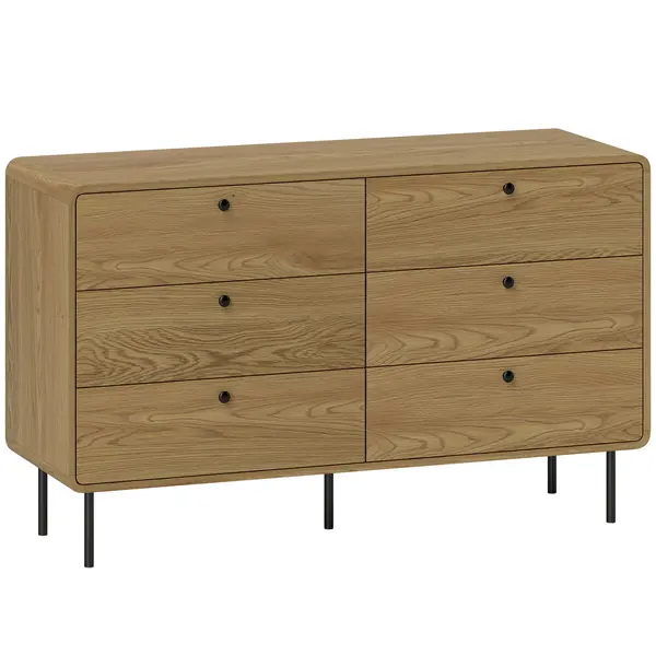 HOMCOM Comodă 6 sertare mobilier de depozitare stil modern colțuri rotunjite și picioare din oțel 120 x 40 x 75cm efect lemn de stejar | Aosom Romania