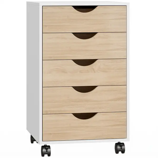 HOMCOM Comodă birou cu roți și 5 sertare, arhivator mobil, pentru birou/studiu/salon, 40x40x67 cm, Alb și natural | Aosom Romania