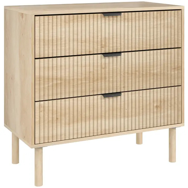 HOMCOM Comodă cu 3 Sertare, Picioare din Lemn Masiv și Design Canelat, 80x40x77,5 cm, Lemn Natural | Aosom Romania