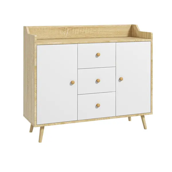 HOMCOM Comodă cu 3 Sertare și 2 Dulapuri cu Rafturi, Bufet Modern din PAL și Lemn de Pin, 90x32x80 cm, Alb | Aosom Romania
