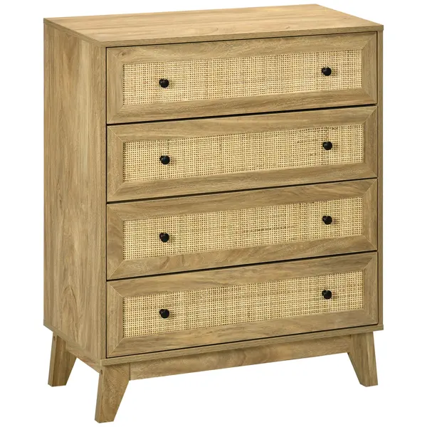 HOMCOM Cómoda cu 4 Sertare Comoda de Lemn cu Fronturi de Ratan Stil Cannage pentru Dormitor 80x35x95 cm Natural | Aosom Romania