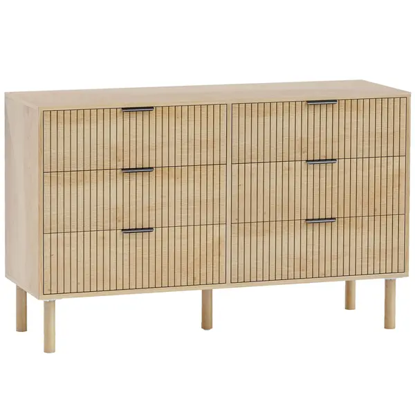 HOMCOM Comodă cu 6 Sertare din Lemn pentru Dormitor și Hol, Stil Nordic, 120 x 39,5 x 75 cm, Stejar | Aosom Romania
