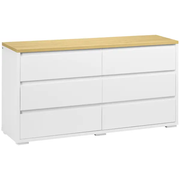 HOMCOM Comodă Depozitare, 6 Sertare, Mobilier Dormitor/Cameră de Zi, Alb/Lemn Natural | Aosom Romania