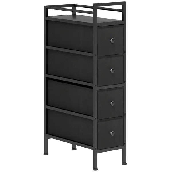 HOMCOM Comodă dulap cu 4 sertare din material textil, dulap de depozitare cu cadru din oțel, 20cm x 43cm x 81,5cm, Negru | Aosom Romania