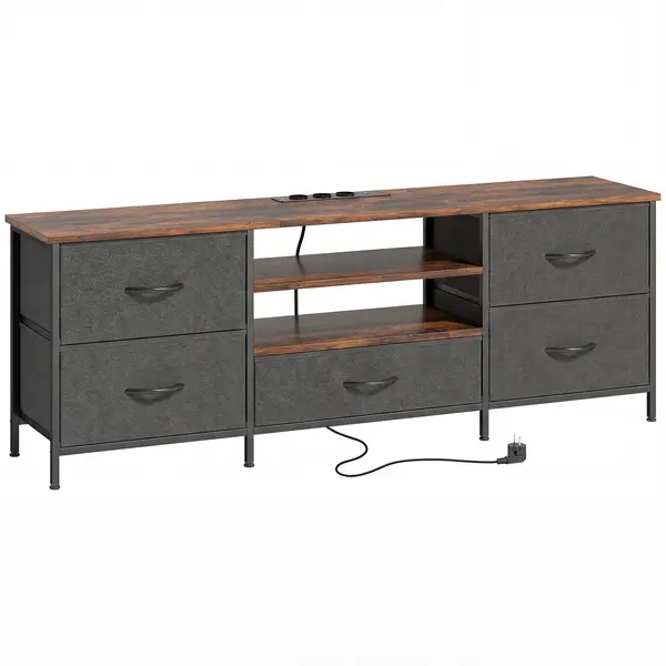 HOMCOM Comodă TV 140 cm, suport TV 165,1 cm, stație de încărcare, 5 sertare din material textil, rafturi deschise, 140x30x50cm, maro | Aosom Romania