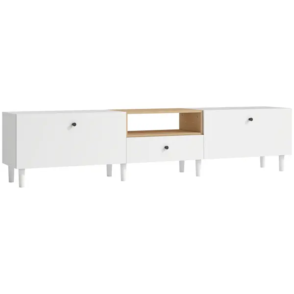 HOMCOM Comodă TV 200 cm pentru televizoare până la 228,6 cm, 2 compartimente rabatabile, spațiu deschis, sertar, 8 picioare, placă aglomerată, alb | Aosom Romania
