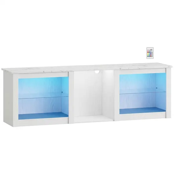 HOMCOM Comodă TV cu iluminare LED pentru televizoare de până la 178 cm, dim. 160 cm, cu etajere din sticlă reglabile, alb | Aosom Romania