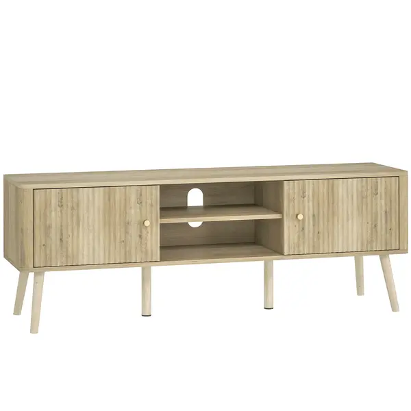 HOMCOM Comodă TV, mobilier pentru televizor până la 165,1 cm cu 2 uși, 2 compartimente deschise, poliță reglabilă, 140x35x49cm, stejar | Aosom Romania