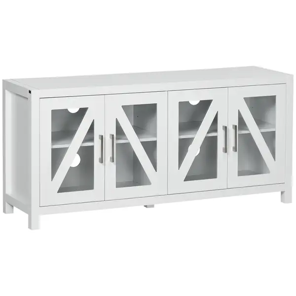 HOMCOM Comodă TV pentru living masă pentru televizoare de până la 147,3 cm cu 4 uși din sticlă, rafturi reglabile 130x35x60 cm Alb | Aosom Romania