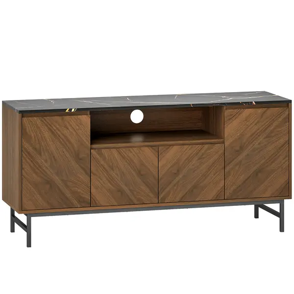 HOMCOM Comodă TV pentru televizoare până la 165,1 cm comodă TV din lemn cu compartiment deschis și orificiu pentru cabluri, efect marmură, 140x39x66cm, nuc | Aosom Romania