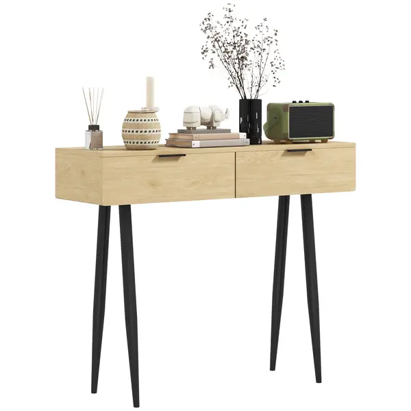 HOMCOM Consolă cu 2 Sertare, cu o finisare din lemn de stejar, Picioare are un dispozitiv anti-răsturnarel, 100x30x80,5 cm, Natural | Aosom Romania