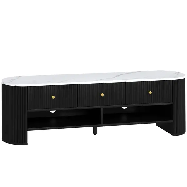 HOMCOM Corp TV 140 cm, pentru televizoare de 165 cm, efect marmură, 3 sertare cu fronturi canelate, 2 rafturi, negru | Aosom Romania